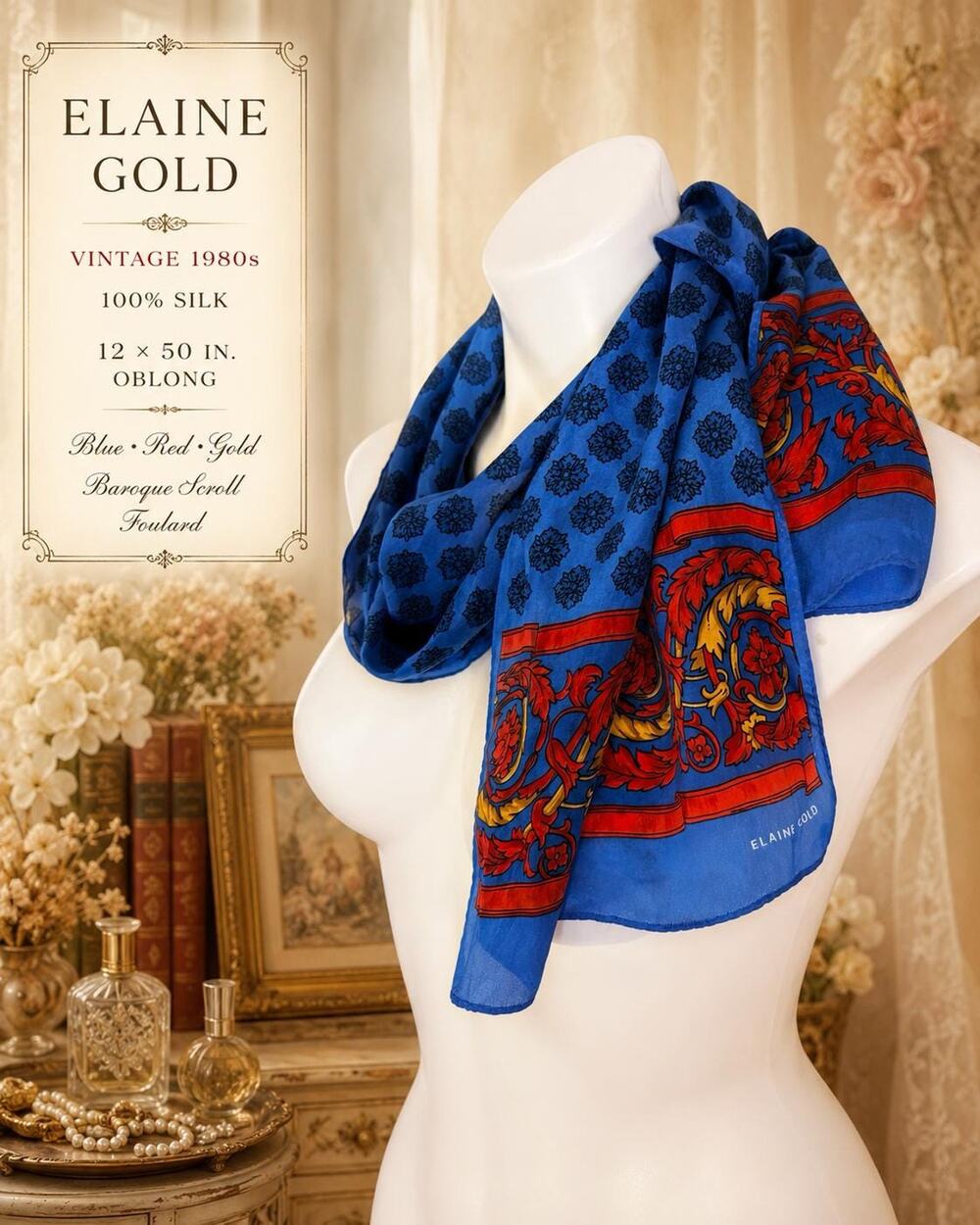 Vintage 80s Elaine Gold Silk Scarf Blue Red Gold Baroque Scroll Foulard 12x50